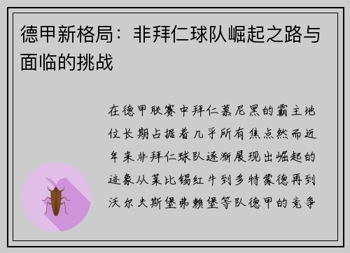 德甲新格局：非拜仁球队崛起之路与面临的挑战