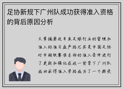 足协新规下广州队成功获得准入资格的背后原因分析