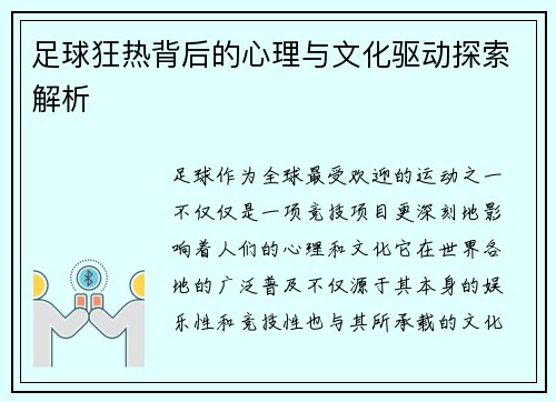 足球狂热背后的心理与文化驱动探索解析 足球狂热背后的心理与文化驱动探索解析